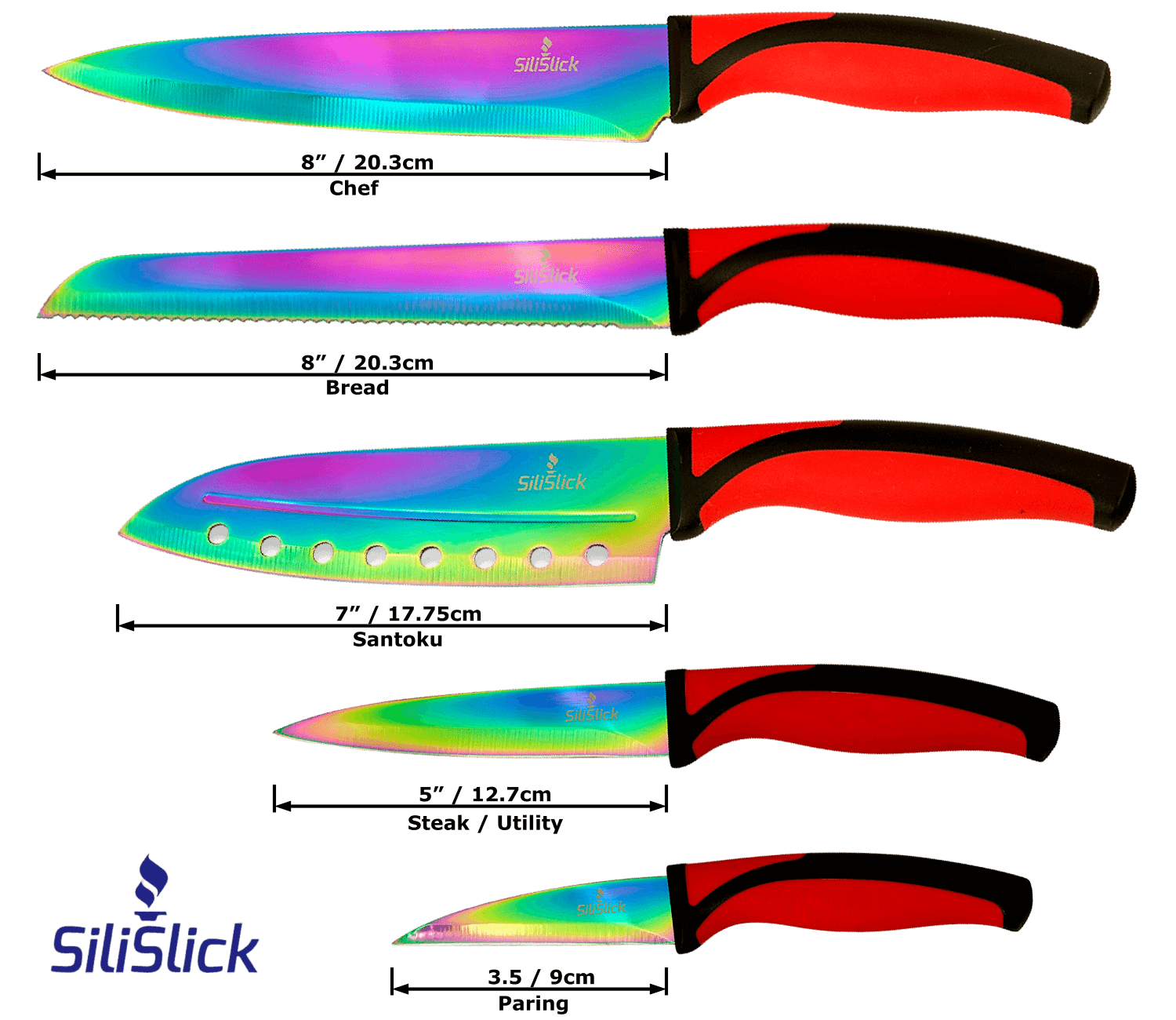 Kitchen Knife Set - Titanium Coated Blades - Red Handles