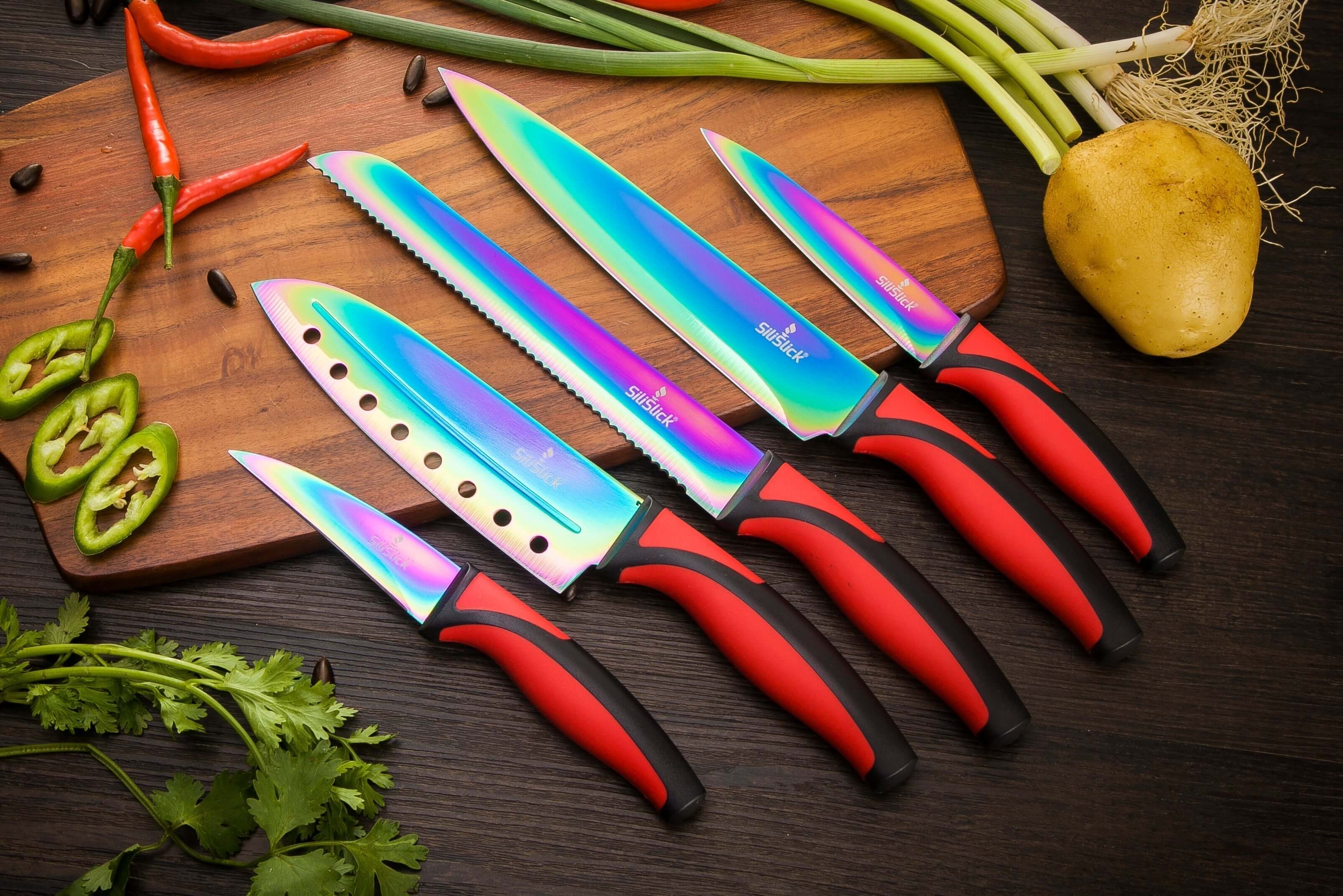 Kitchen Knife Set - Titanium Coated Blades - Red Handles