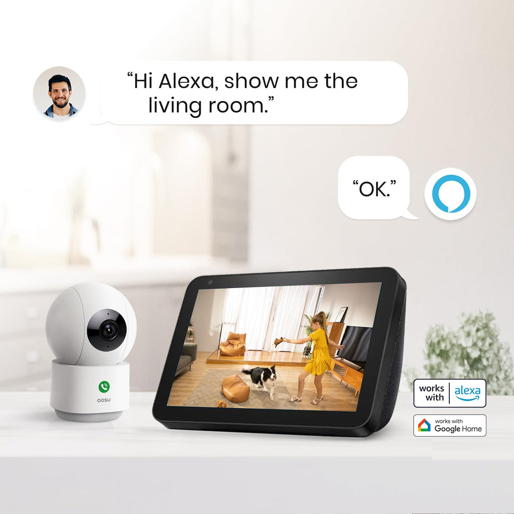 aosu 2K Security Camera Indoor, Baby Monitor Pet Camera 360-Degree for Home Security with 2.4 GHz Wi-Fi Router, One-Touch Call, Smart Motion Tracking, IR Night Vision, Compatible with Alexa