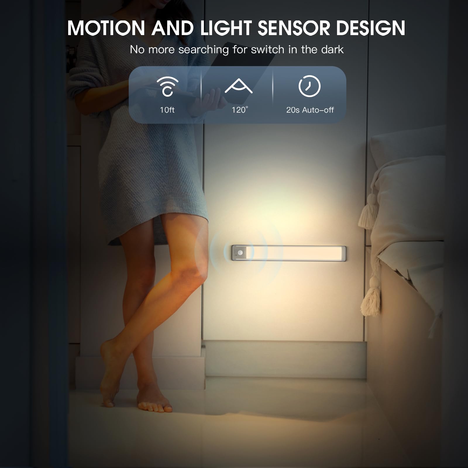 MCGOR 10inch Under Cabinet Lighting, 2 Pack Rechargeable Motion Sensor Light Indoor, 5 Levels Dimmable Magnetic Closet Lights, Wireless Under Counter Lights for Kitchen, Stairs