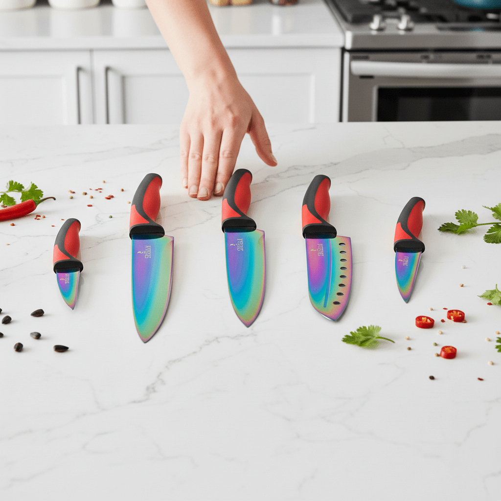 Kitchen Knife Set - Titanium Coated Blades - Red Handles