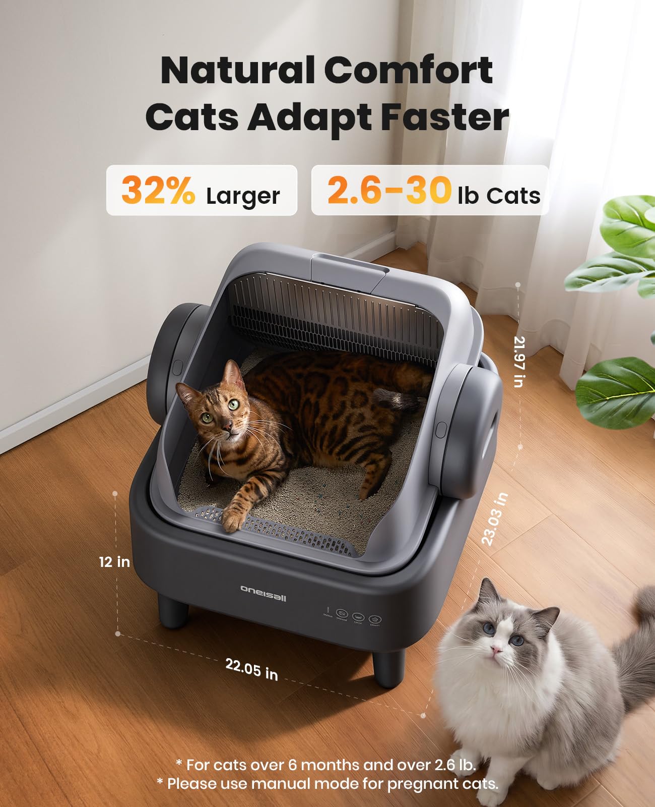 oneisall Self Cleaning Litter Box for Large&Multiple Cats: Ease S1 Open-Top Cat Litter Box Easy Rinsable Clean, with Safety Protection & Large Capacity for Indoor House Cats(40pcs Waste Bags Included)