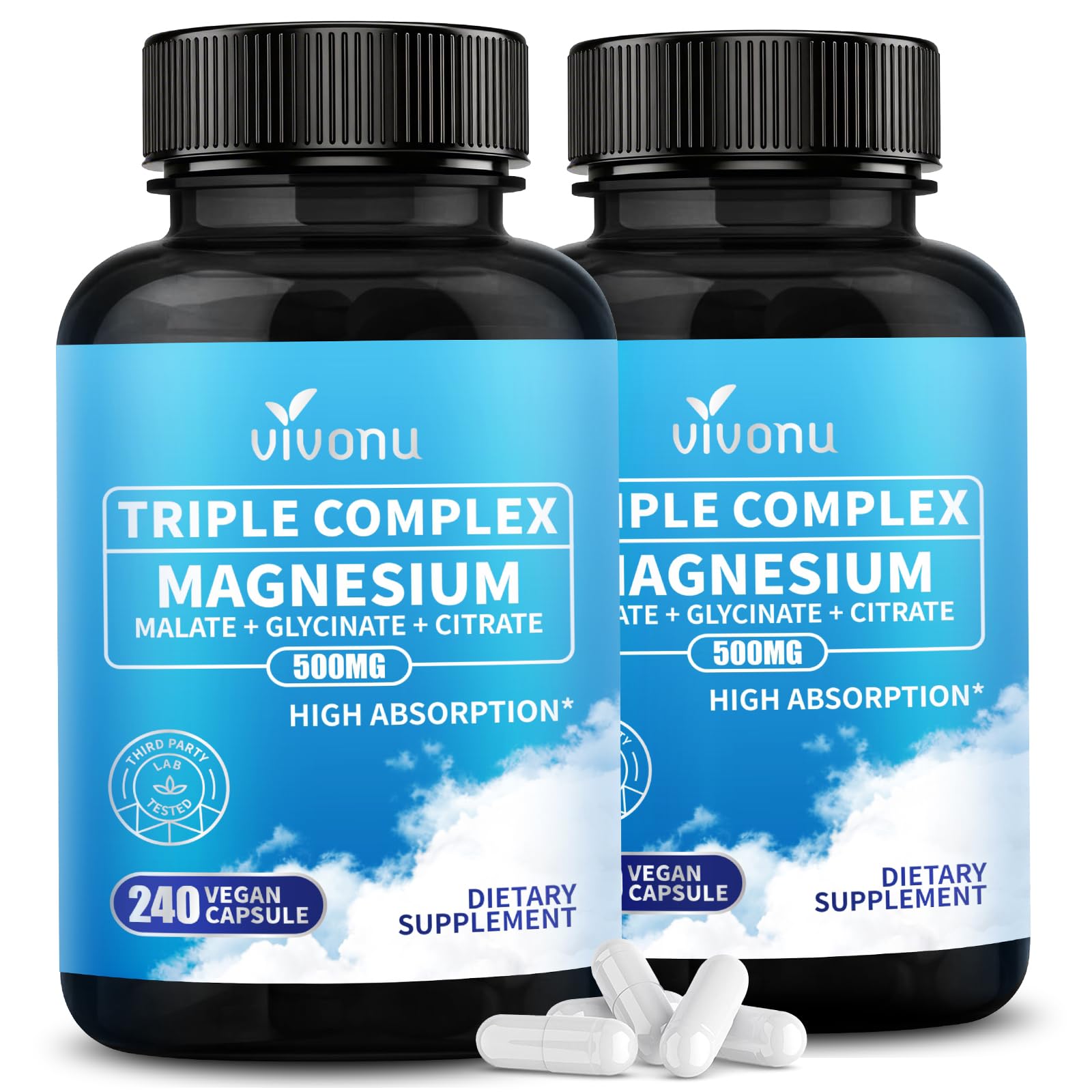 Triple Magnesium Complex for Women and Men, Magnesium Glycinate 400mg, Malate, Citrate, High Absorption Chelated Magnesium Supplement Support Sleep, Muscle, Non-GMO, Gluten Free - 240 Capsules