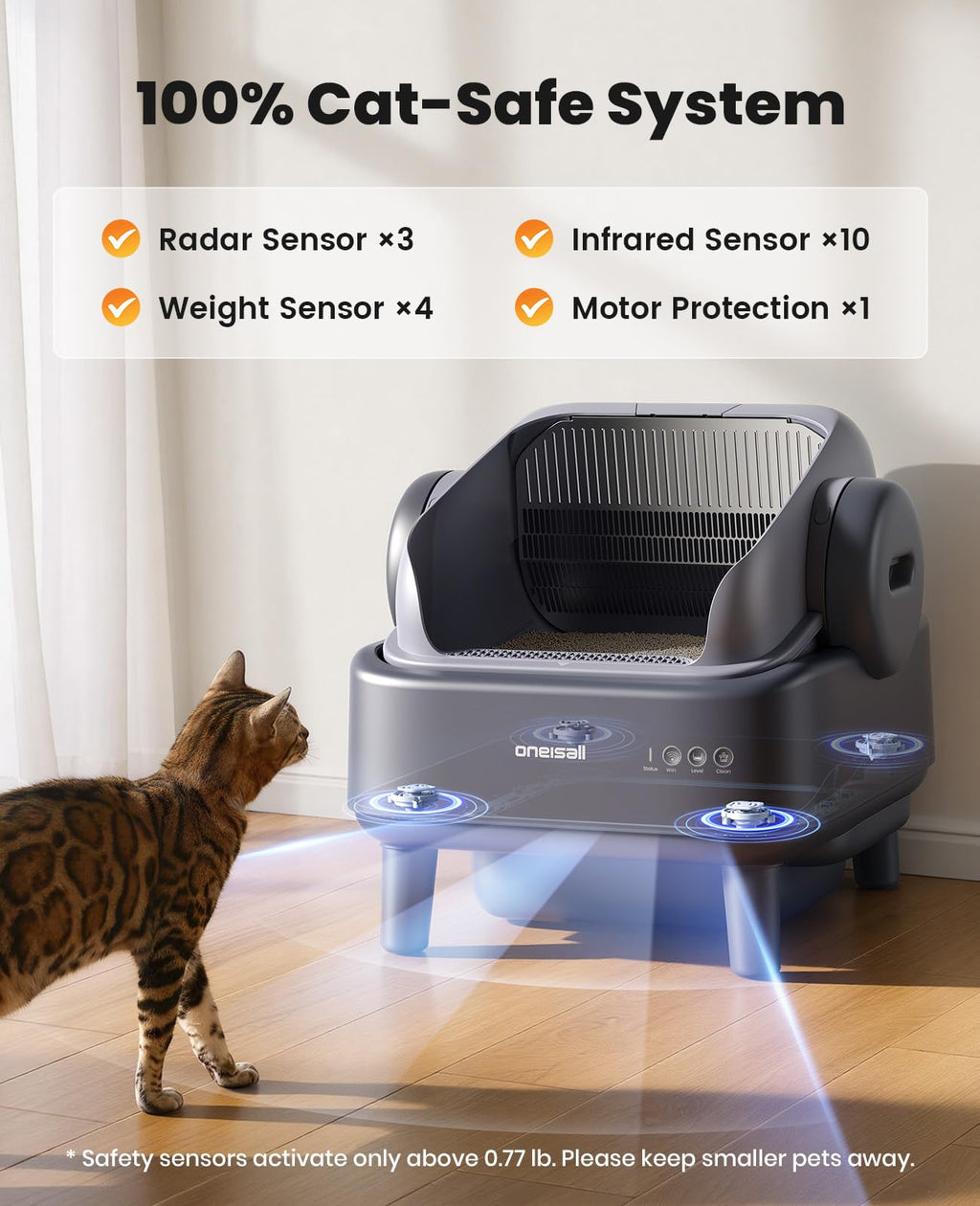 oneisall Self Cleaning Litter Box for Large&Multiple Cats: Ease S1 Open-Top Cat Litter Box Easy Rinsable Clean, with Safety Protection & Large Capacity for Indoor House Cats(40pcs Waste Bags Included)
