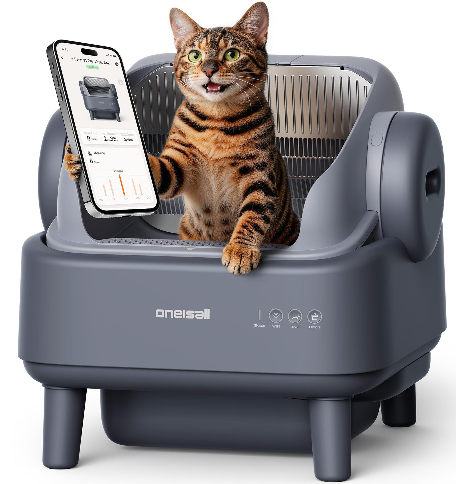 oneisall Self Cleaning Litter Box for Large&Multiple Cats: Ease S1 Open-Top Cat Litter Box Easy Rinsable Clean, with Safety Protection & Large Capacity for Indoor House Cats(40pcs Waste Bags Included)