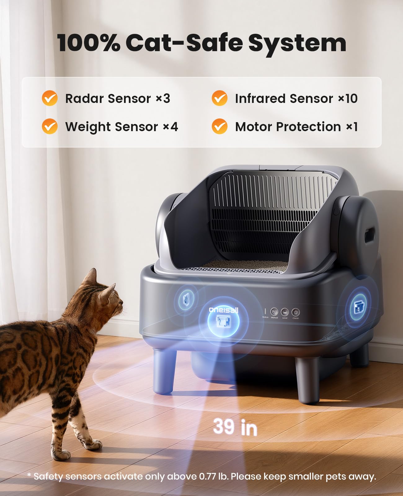 oneisall Self Cleaning Litter Box for Large&Multiple Cats: Ease S1 Open-Top Cat Litter Box Easy Rinsable Clean, with Safety Protection & Large Capacity for Indoor House Cats(40pcs Waste Bags Included)