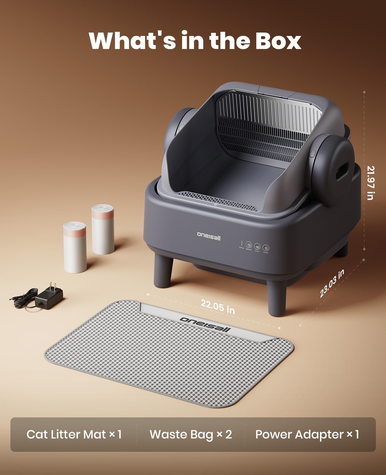 oneisall Self Cleaning Litter Box for Large&Multiple Cats: Ease S1 Open-Top Cat Litter Box Easy Rinsable Clean, with Safety Protection & Large Capacity for Indoor House Cats(40pcs Waste Bags Included)