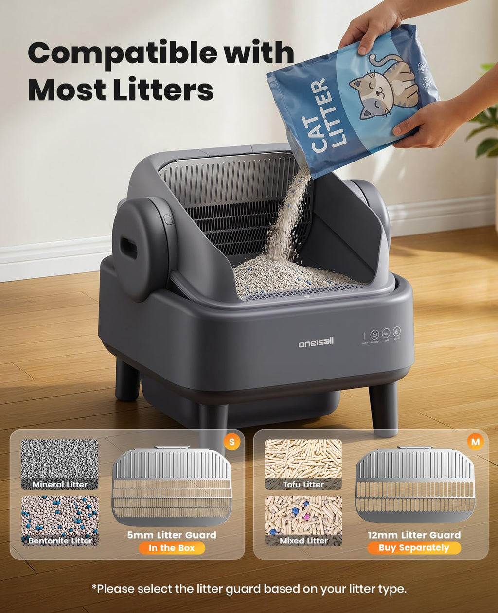 oneisall Self Cleaning Litter Box for Large&Multiple Cats: Ease S1 Open-Top Cat Litter Box Easy Rinsable Clean, with Safety Protection & Large Capacity for Indoor House Cats(40pcs Waste Bags Included)
