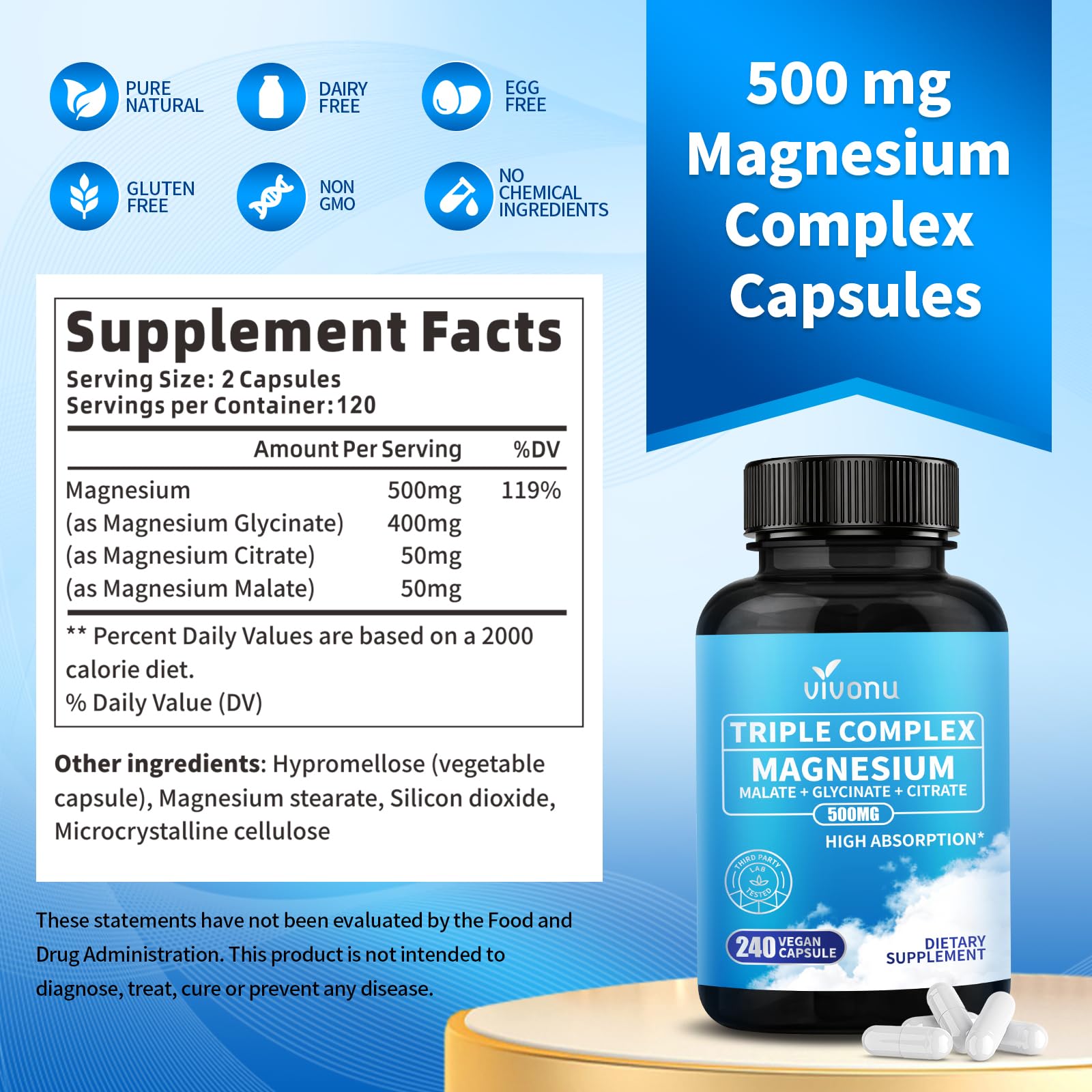 Triple Magnesium Complex for Women and Men, Magnesium Glycinate 400mg, Malate, Citrate, High Absorption Chelated Magnesium Supplement Support Sleep, Muscle, Non-GMO, Gluten Free - 240 Capsules
