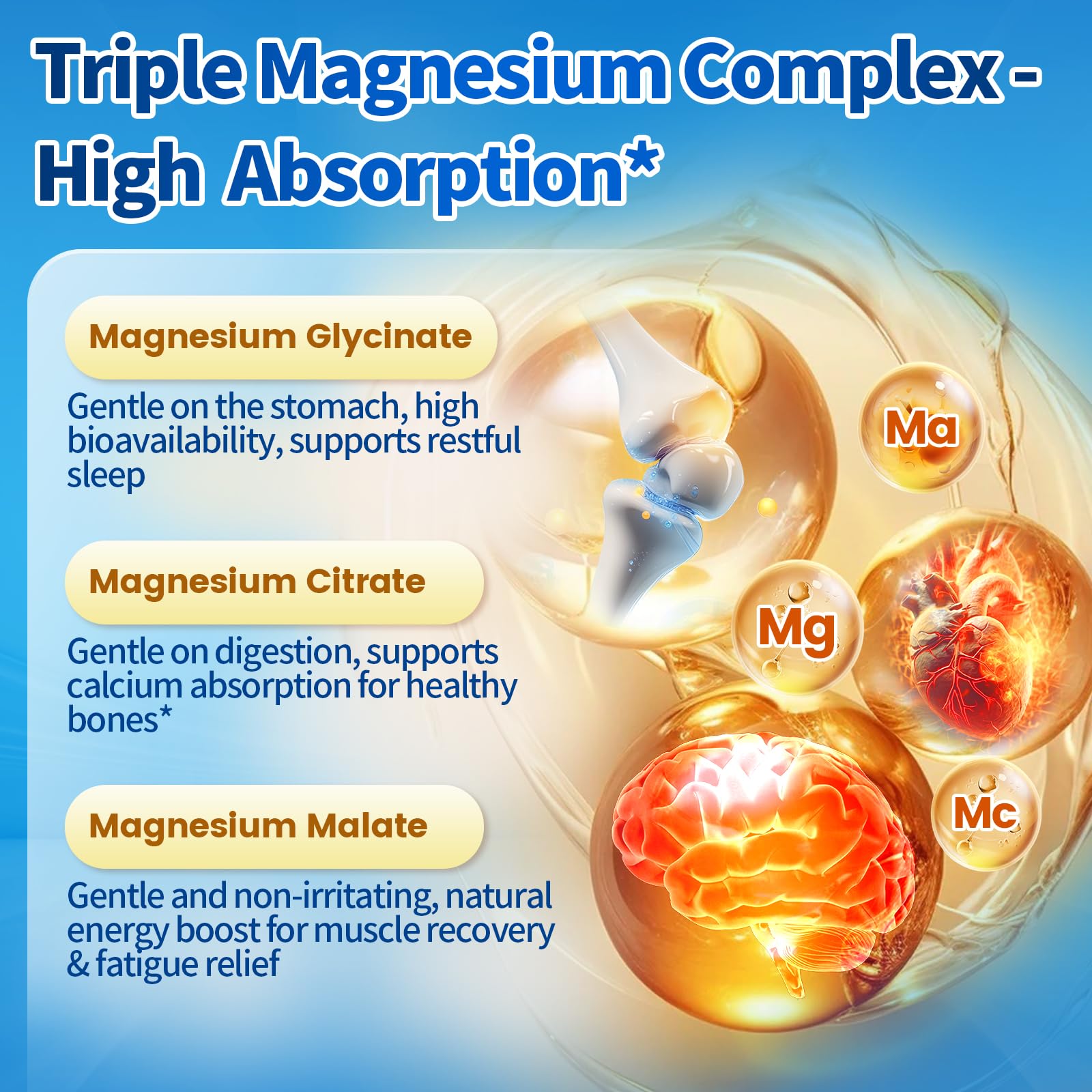 Triple Magnesium Complex for Women and Men, Magnesium Glycinate 400mg, Malate, Citrate, High Absorption Chelated Magnesium Supplement Support Sleep, Muscle, Non-GMO, Gluten Free - 240 Capsules
