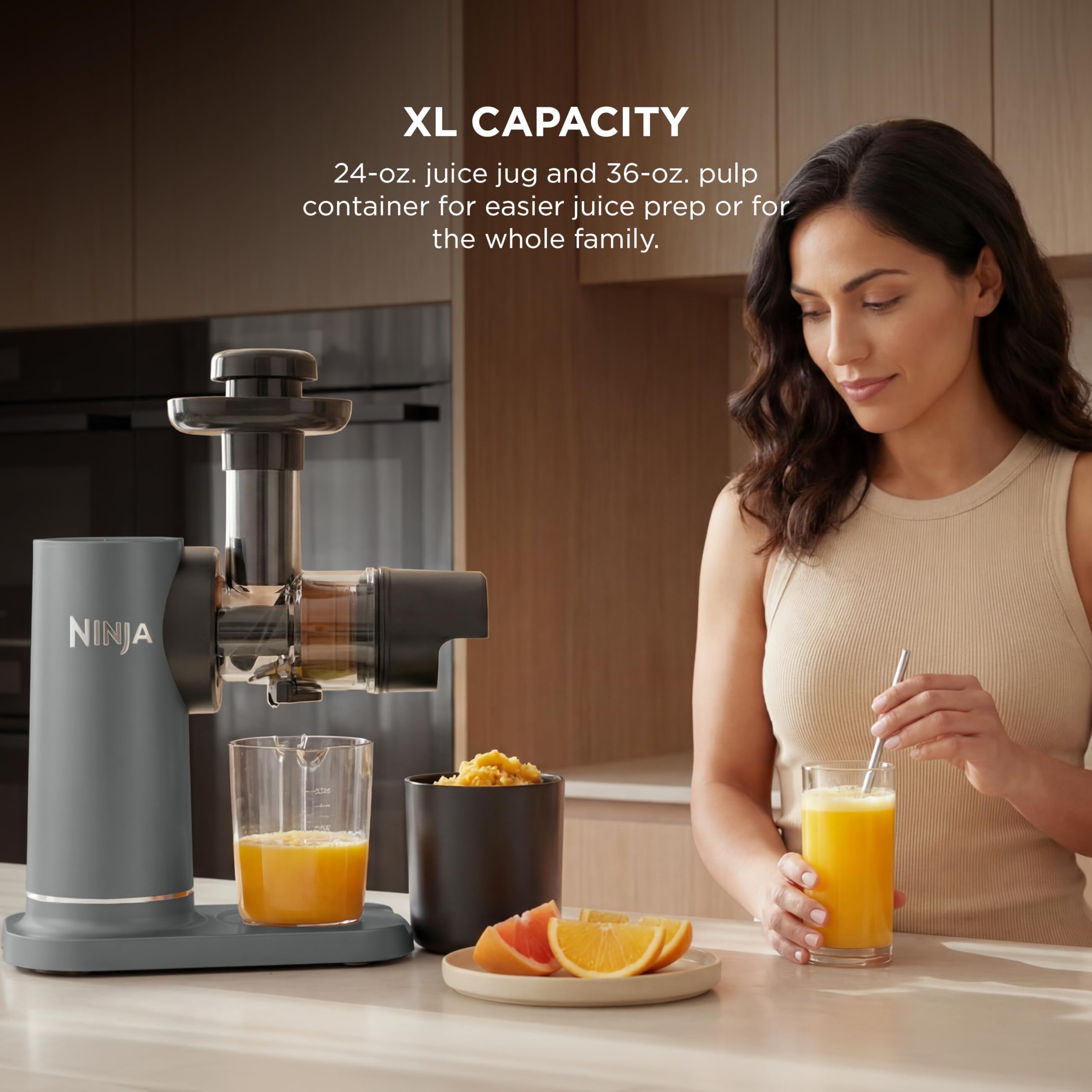 Ninja NeverClog Cold Press Juicer | Powerful Electric Slow Masticating Juicer with Pulp Control | XL Capacity | 24 oz. Juice Jug & 36 oz. Pulp Container | Dishwasher Safe | Charcoal | 150W | JC151