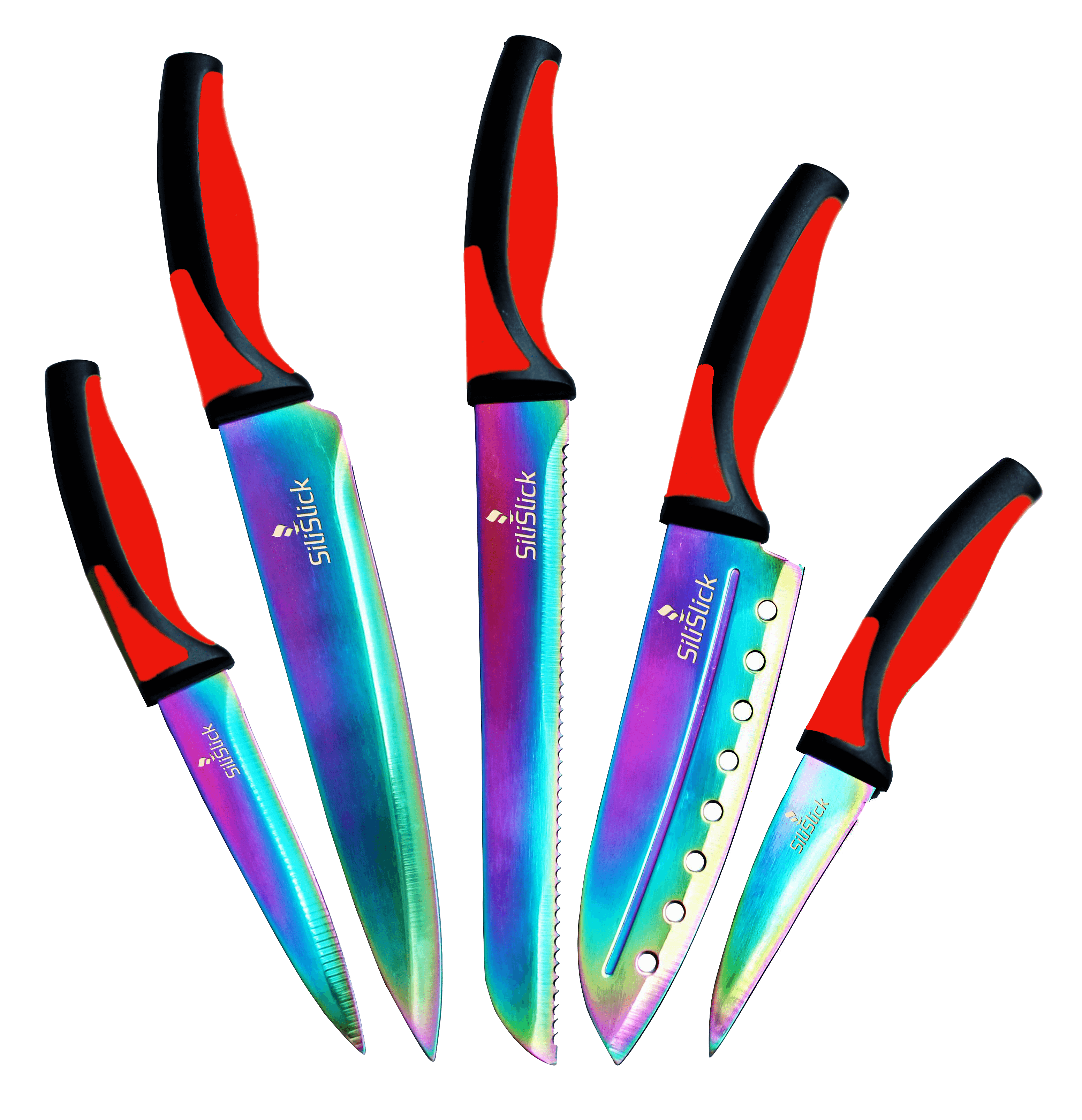 Kitchen Knife Set - Titanium Coated Blades - Red Handles