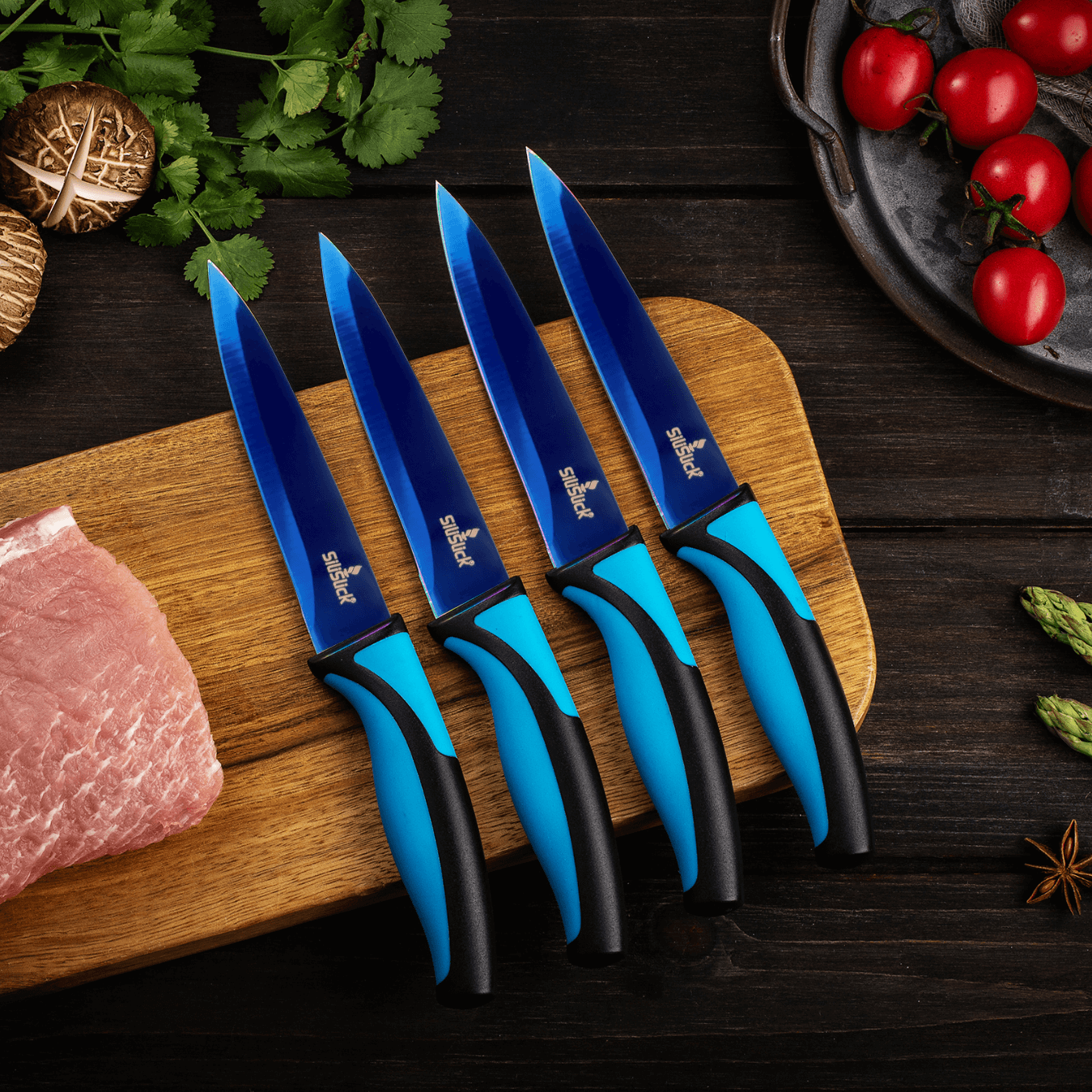 Steak Knife Set 4 Titanium Coated Deep Blue Blade