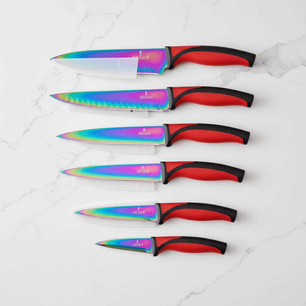 Kitchen Knife Set - Titanium Coated Blades - Red Handles