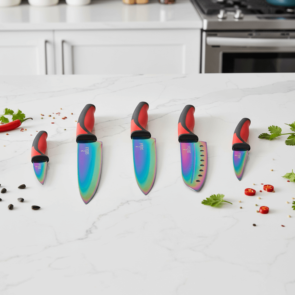 Kitchen Knife Set - Titanium Coated Blades - Red Handles